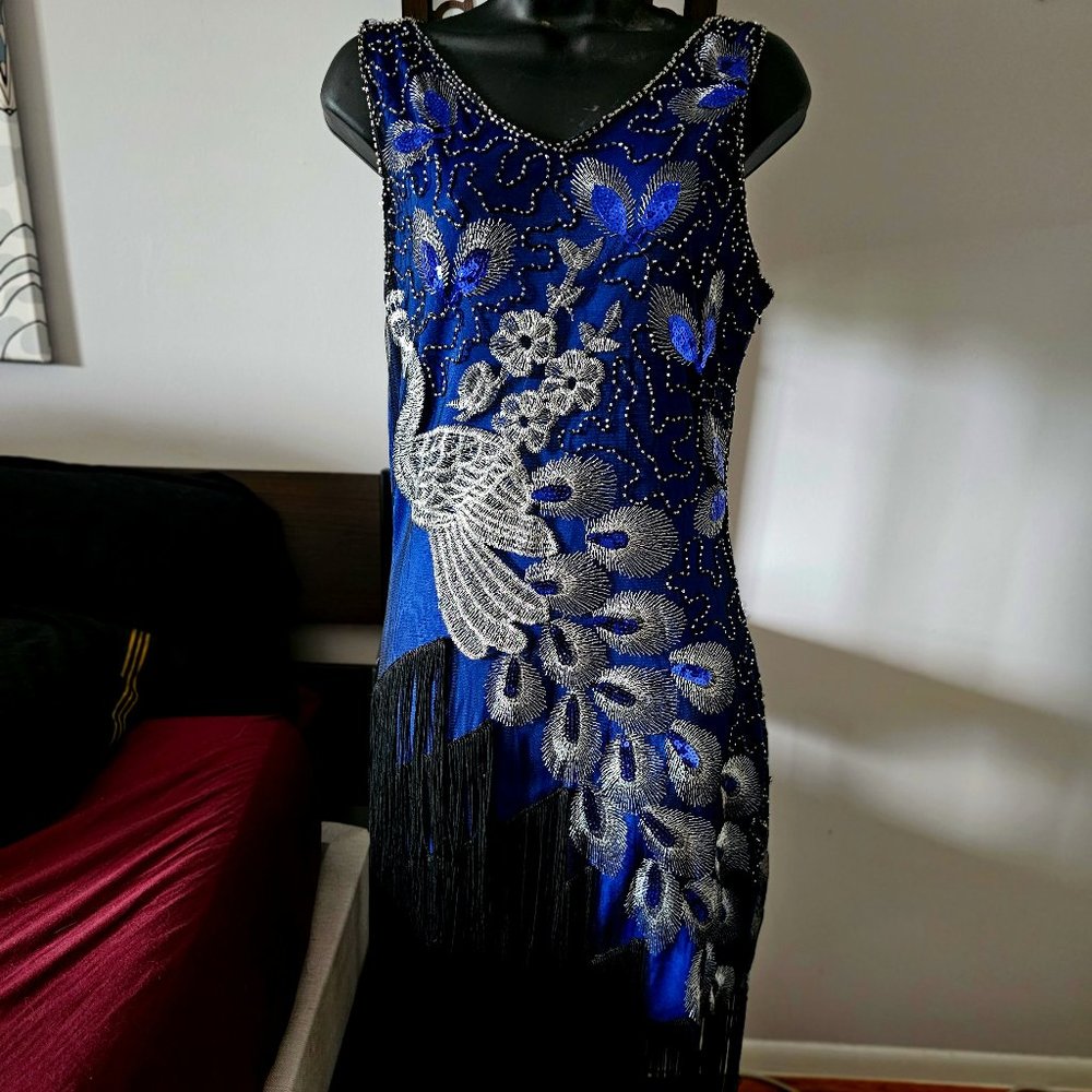 Vintage 20s 30s Flapper Beaded Peacock Blue Midi Formal Party Dress